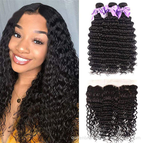 Brazilian Deep Wave Human Hair Bundles with Frontal Free Part Lace Frontal Virgin Human Hair Bundles Human Hair Extensions